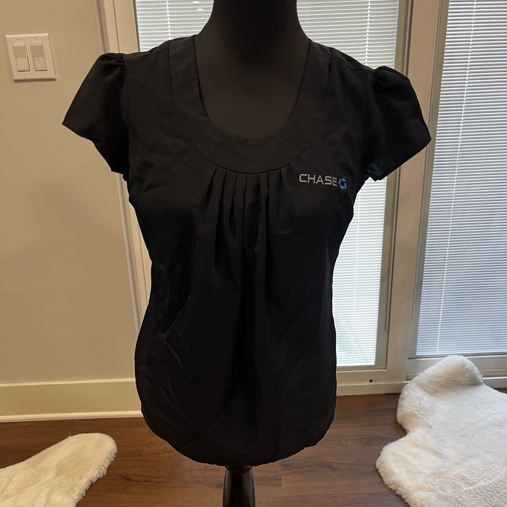 Chase Bank Black Pleated Scoop Neck Blouse